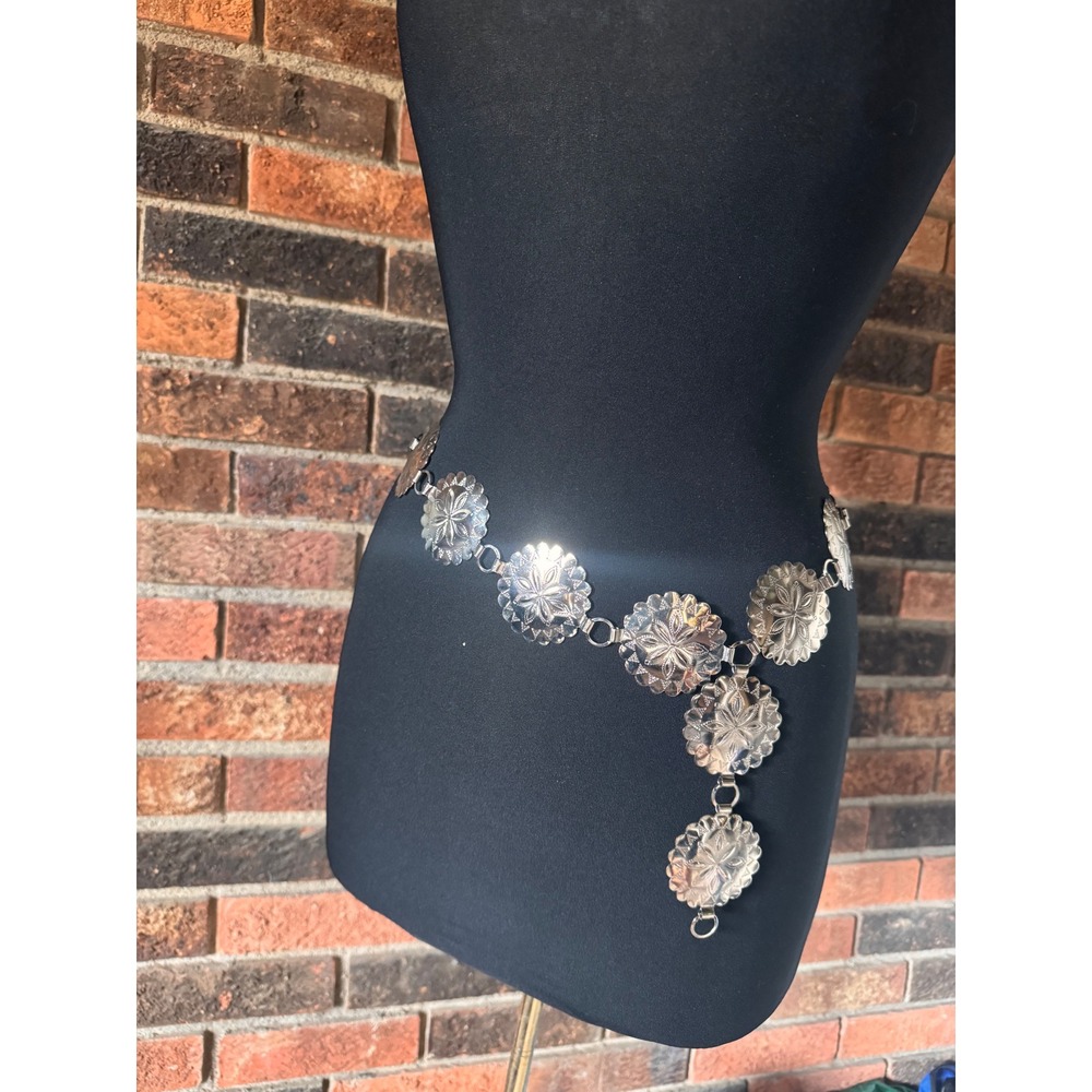 Vintage Western Silver Concho Chain Belt Boho Southwestern Floral Stamped Metal